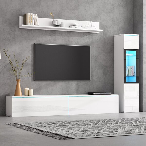 High Gloss TV Wall Unit Set with Customisable LED Lighting, Handleless Design, Entertainment Center Set with Cabinet, Hanging Shelf, White Aosom UK