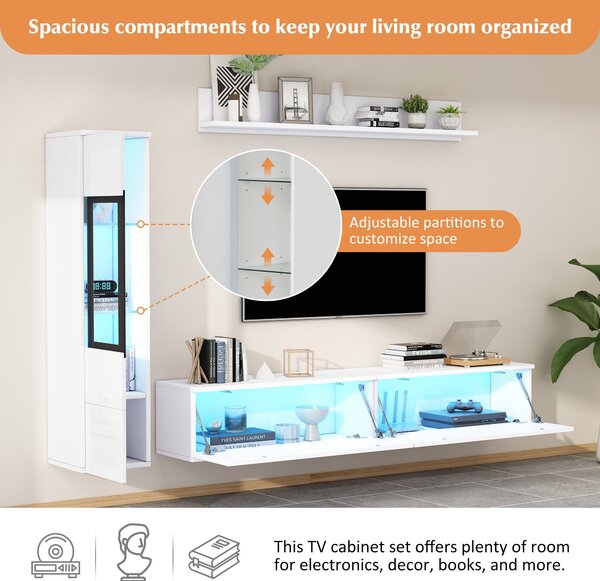 High Gloss TV Wall Unit Set with Customisable LED Lighting, Handleless Design, Entertainment Center Set with Cabinet, Hanging Shelf, White Aosom UK