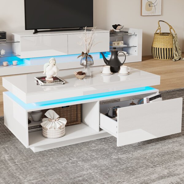 High Gloss LED Sofa Table with Remote-Controlled Lighting, Modern Coffee Table with Drawer, Open Display Shelf, 100L x 50W x 40H cm, White Aosom.UK
