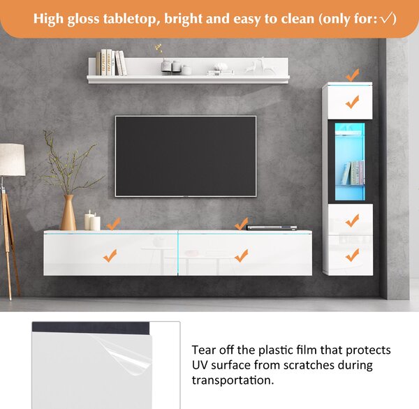 High Gloss TV Wall Unit Set with Customisable LED Lighting, Handleless Design, Entertainment Center Set with Cabinet, Hanging Shelf, White Aosom UK
