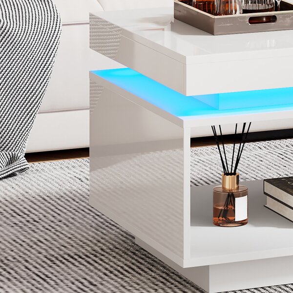High Gloss LED Sofa Table with Remote-Controlled Lighting, Modern Coffee Table with Drawer, Open Display Shelf, 100L x 50W x 40H cm, White Aosom.UK