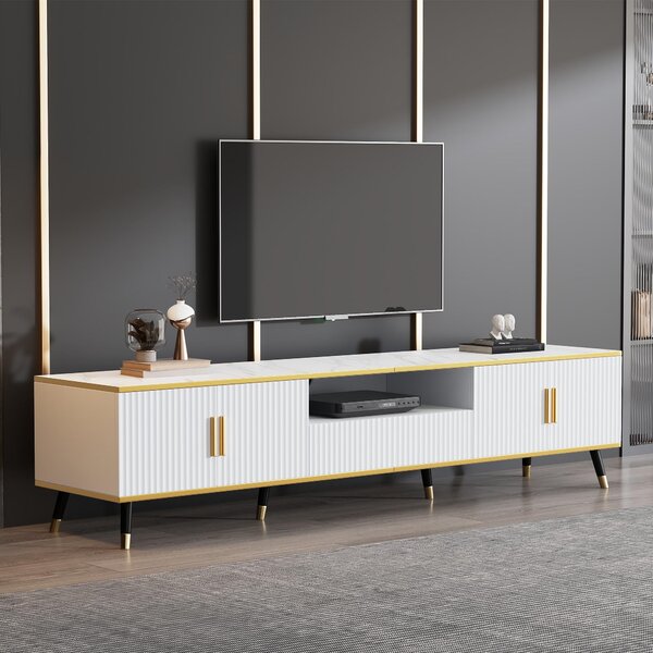Modern TV Entertainment Center with 4 Doors & Drawer, Spacious TV Stand for Living Room or Bedroom, 200L x 40W x 46H cm, White Aosom UK