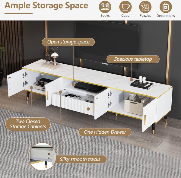 Modern TV Entertainment Center with 4 Doors & Drawer, Spacious TV Stand for Living Room or Bedroom, 200L x 40W x 46H cm, White Aosom UK