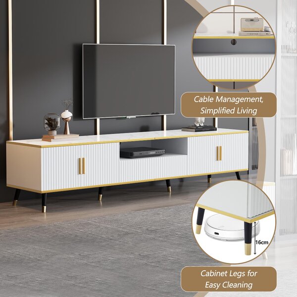 Modern TV Entertainment Center with 4 Doors & Drawer, Spacious TV Stand for Living Room or Bedroom, 200L x 40W x 46H cm, White Aosom UK