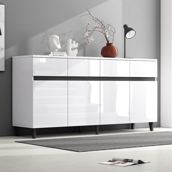 Storage Cabinet with High-goss 4-Door, 4-Drawer and Soft-close Hinges, Sideboard with Adjustable Shelves, 160L x 40W x 68H cm, White Aosom UK