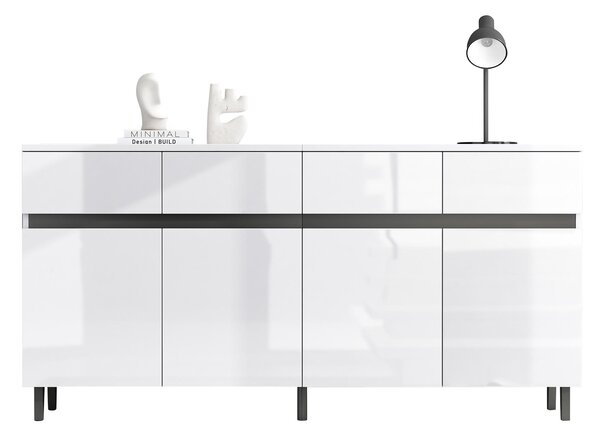 Storage Cabinet with High-goss 4-Door, 4-Drawer and Soft-close Hinges, Sideboard with Adjustable Shelves, 160L x 40W x 68H cm, White Aosom UK