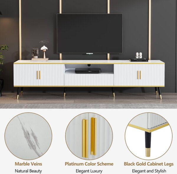 Modern TV Entertainment Center with 4 Doors & Drawer, Spacious TV Stand for Living Room or Bedroom, 200L x 40W x 46H cm, White Aosom UK
