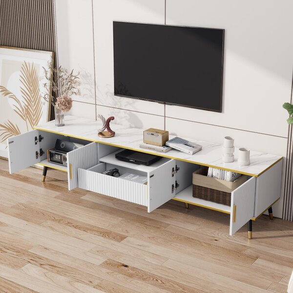 Modern TV Entertainment Center with 4 Doors & Drawer, Spacious TV Stand for Living Room or Bedroom, 200L x 40W x 46H cm, White Aosom UK