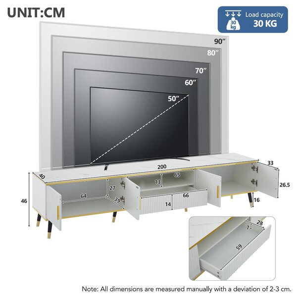 Modern TV Entertainment Center with 4 Doors & Drawer, Spacious TV Stand for Living Room or Bedroom, 200L x 40W x 46H cm, White Aosom UK