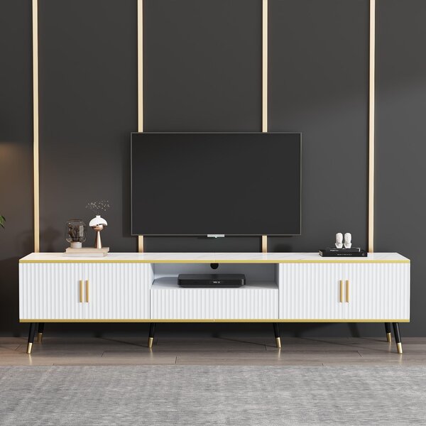 Modern TV Entertainment Center with 4 Doors & Drawer, Spacious TV Stand for Living Room or Bedroom, 200L x 40W x 46H cm, White Aosom UK