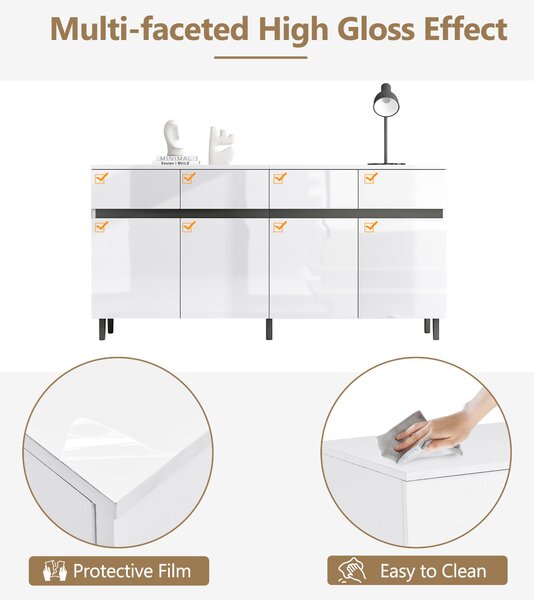 Storage Cabinet with High-goss 4-Door, 4-Drawer and Soft-close Hinges, Sideboard with Adjustable Shelves, 160L x 40W x 68H cm, White Aosom UK