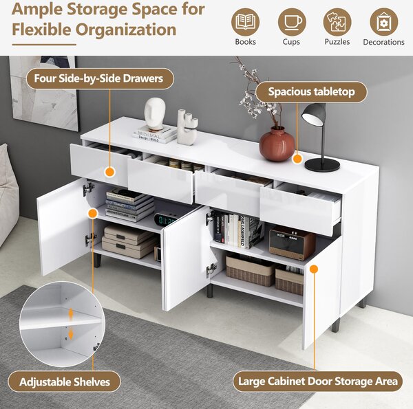 Storage Cabinet with High-goss 4-Door, 4-Drawer and Soft-close Hinges, Sideboard with Adjustable Shelves, 160L x 40W x 68H cm, White Aosom UK