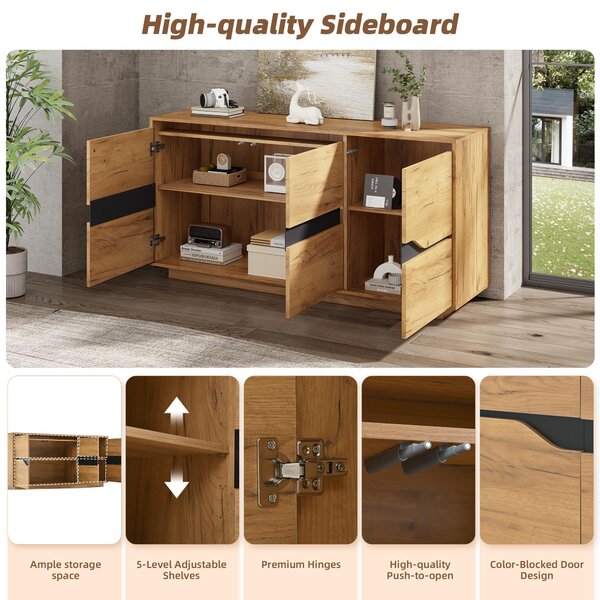 Modern Storage Cabinet with Soft-Close Hinges & Adjustable Shelves, Multifunctional Sideboard for Living Areas, 140L x 40W x 70H cm, Wood Aosom UK