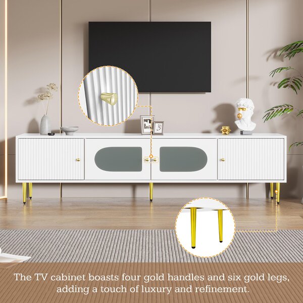 Stylish TV Stand with 2 Glass Doors and Metal Support Legs, Sturdy TV Cabinet for Living Room or Bedroom, 170L x 35W x 50H cm, White Aosom UK