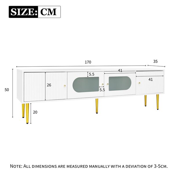 Stylish TV Stand with 2 Glass Doors and Metal Support Legs, Sturdy TV Cabinet for Living Room or Bedroom, 170L x 35W x 50H cm, White Aosom UK