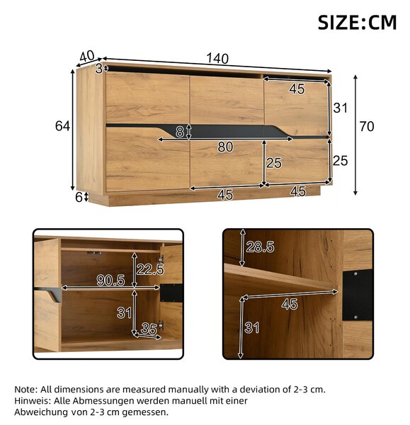 Modern Storage Cabinet with Soft-Close Hinges & Adjustable Shelves, Multifunctional Sideboard for Living Areas, 140L x 40W x 70H cm, Wood Aosom UK