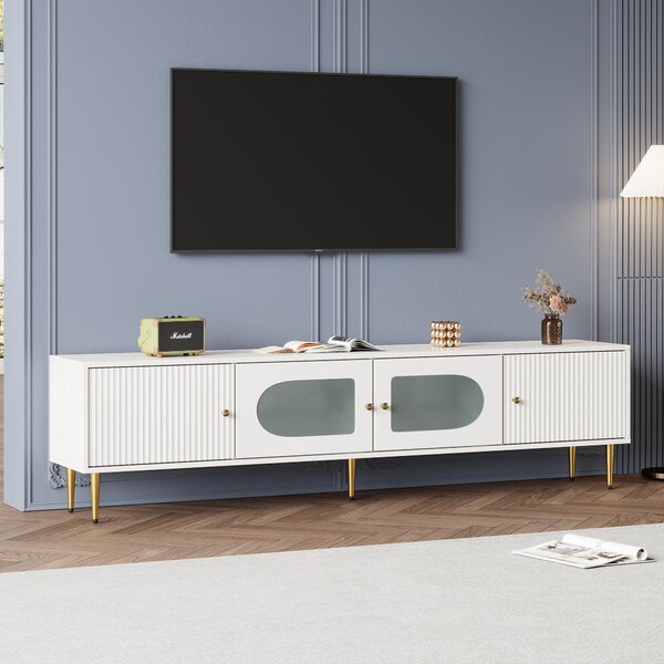 Stylish TV Stand with 2 Glass Doors and Metal Support Legs, Sturdy TV Cabinet for Living Room or Bedroom, 170L x 35W x 50H cm, White Aosom UK