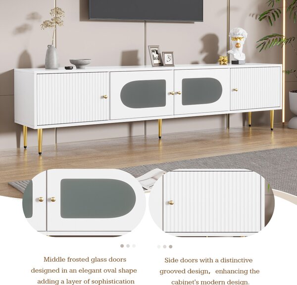 Stylish TV Stand with 2 Glass Doors and Metal Support Legs, Sturdy TV Cabinet for Living Room or Bedroom, 170L x 35W x 50H cm, White Aosom UK