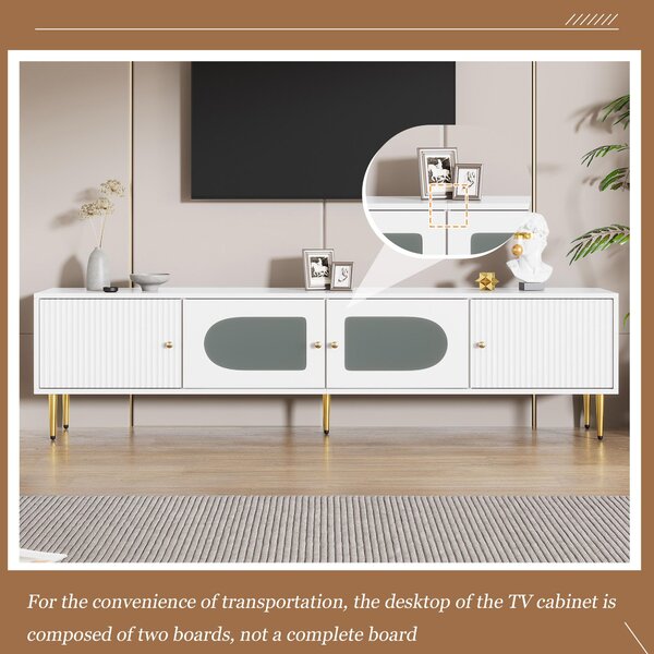 Stylish TV Stand with 2 Glass Doors and Metal Support Legs, Sturdy TV Cabinet for Living Room or Bedroom, 170L x 35W x 50H cm, White Aosom UK