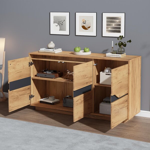 Modern Storage Cabinet with Soft-Close Hinges & Adjustable Shelves, Multifunctional Sideboard for Living Areas, 140L x 40W x 70H cm, Wood Aosom UK