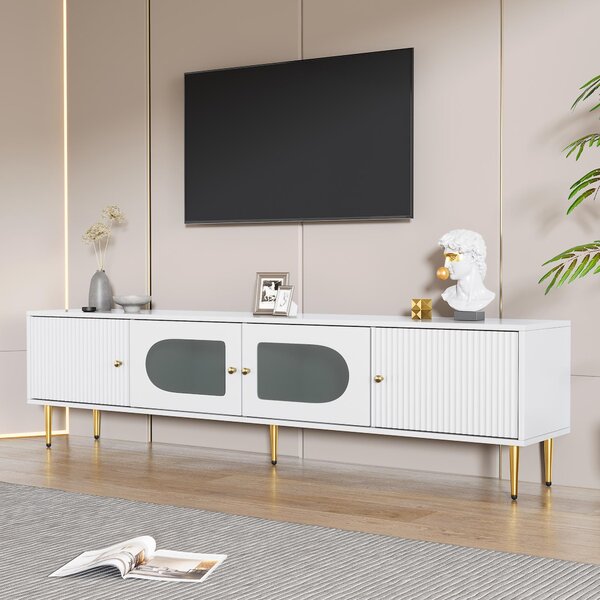 Stylish TV Stand with 2 Glass Doors and Metal Support Legs, Sturdy TV Cabinet for Living Room or Bedroom, 170L x 35W x 50H cm, White Aosom UK