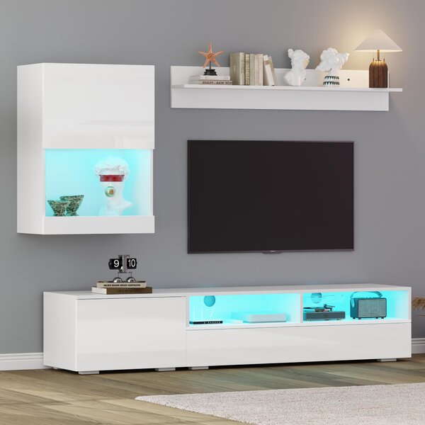 3-Piece TV Wall Unit Set with App-Controlled LED Lights, High-Gloss TV Cabinet Set for Modern Living Areas, 175L x 39W x 34H cm, White Aosom UK