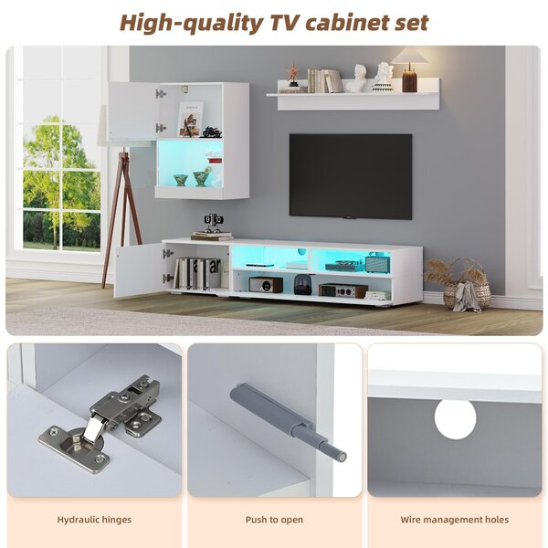 3-Piece TV Wall Unit Set with App-Controlled LED Lights, High-Gloss TV Cabinet Set for Modern Living Areas, 175L x 39W x 34H cm, White Aosom UK