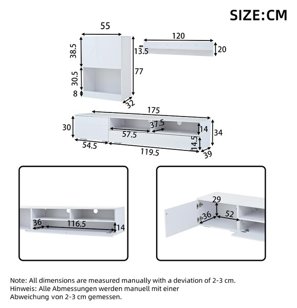 3-Piece TV Wall Unit Set with App-Controlled LED Lights, High-Gloss TV Cabinet Set for Modern Living Areas, 175L x 39W x 34H cm, White Aosom UK