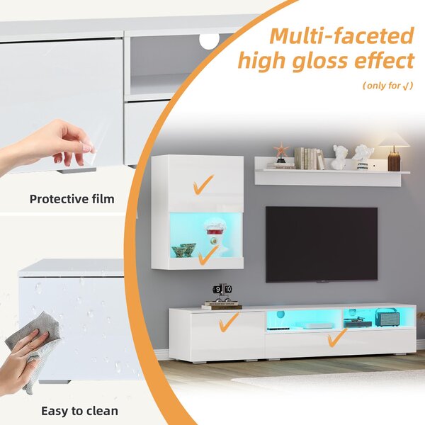 3-Piece TV Wall Unit Set with App-Controlled LED Lights, High-Gloss TV Cabinet Set for Modern Living Areas, 175L x 39W x 34H cm, White Aosom UK