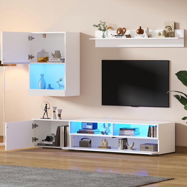 3-Piece TV Wall Unit Set with App-Controlled LED Lights, High-Gloss TV Cabinet Set for Modern Living Areas, 175L x 39W x 34H cm, White Aosom UK