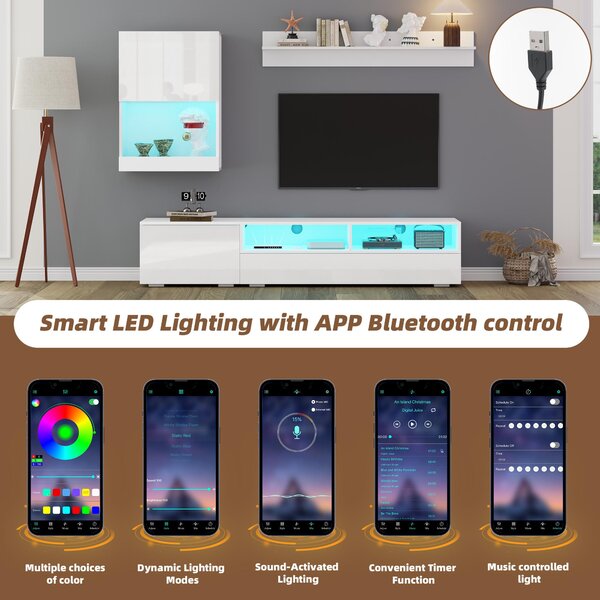 3-Piece TV Wall Unit Set with App-Controlled LED Lights, High-Gloss TV Cabinet Set for Modern Living Areas, 175L x 39W x 34H cm, White Aosom UK