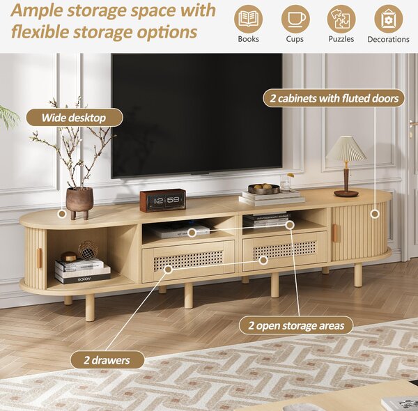 Modern TV Stand with 2 Drawers, 2 Sliding Doors & 8 Solid Wood Legs, Versatile Cabinet with Rounded Corners, 170L x 40W x 40H cm, Oak Aosom UK