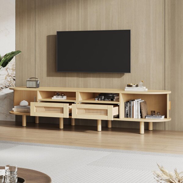 Modern TV Stand with 2 Drawers, 2 Sliding Doors & 8 Solid Wood Legs, Versatile Cabinet with Rounded Corners, 170L x 40W x 40H cm, Oak Aosom UK