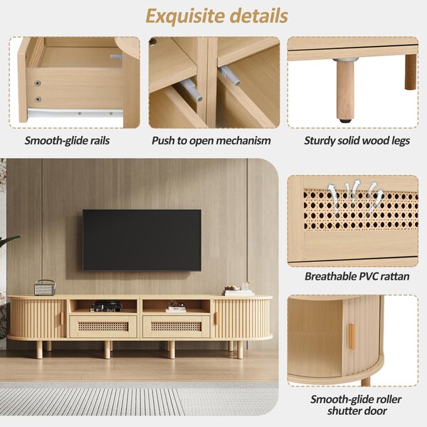 Modern TV Stand with 2 Drawers, 2 Sliding Doors & 8 Solid Wood Legs, Versatile Cabinet with Rounded Corners, 170L x 40W x 40H cm, Oak Aosom UK
