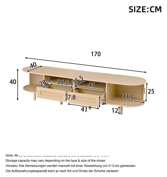 Modern TV Stand with 2 Drawers, 2 Sliding Doors & 8 Solid Wood Legs, Versatile Cabinet with Rounded Corners, 170L x 40W x 40H cm, Oak Aosom UK
