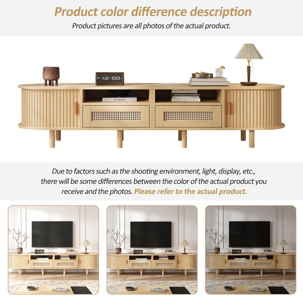 Modern TV Stand with 2 Drawers, 2 Sliding Doors & 8 Solid Wood Legs, Versatile Cabinet with Rounded Corners, 170L x 40W x 40H cm, Oak Aosom UK