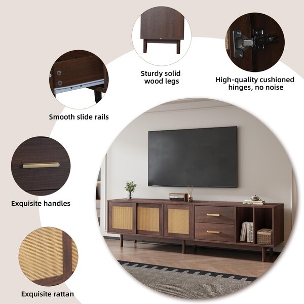Stylish TV Stand Cabinet with Rattan Sliding Doors & 2 Drawers, Sturdy Media Console with Ample Storage, 190L x 40W x 52H cm, Wood Aosom UK
