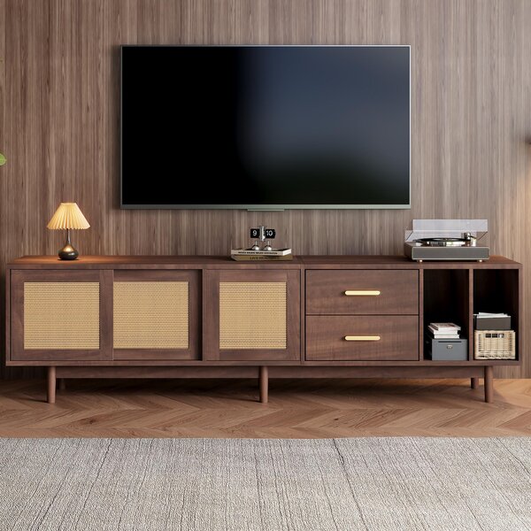 Stylish TV Stand Cabinet with Rattan Sliding Doors & 2 Drawers, Sturdy Media Console with Ample Storage, 190L x 40W x 52H cm, Wood Aosom UK