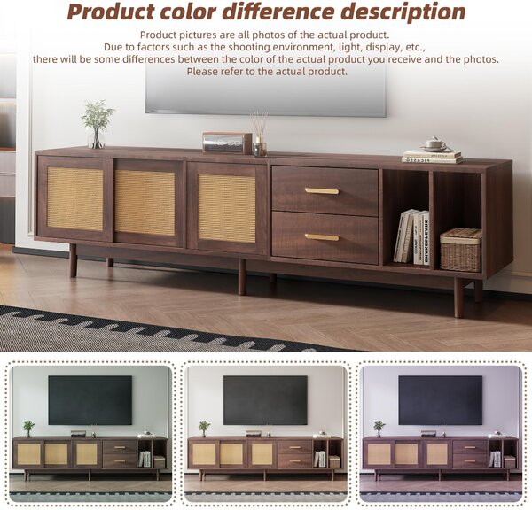 Stylish TV Stand Cabinet with Rattan Sliding Doors & 2 Drawers, Sturdy Media Console with Ample Storage, 190L x 40W x 52H cm, Wood Aosom UK