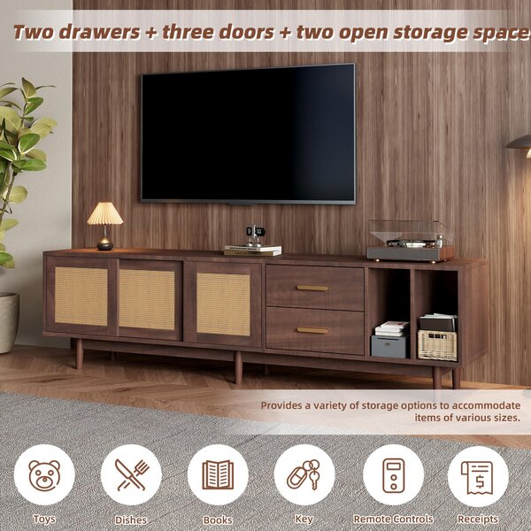 Stylish TV Stand Cabinet with Rattan Sliding Doors & 2 Drawers, Sturdy Media Console with Ample Storage, 190L x 40W x 52H cm, Wood Aosom UK