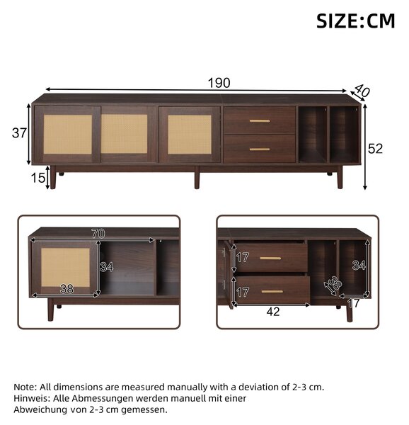 Stylish TV Stand Cabinet with Rattan Sliding Doors & 2 Drawers, Sturdy Media Console with Ample Storage, 190L x 40W x 52H cm, Wood Aosom UK