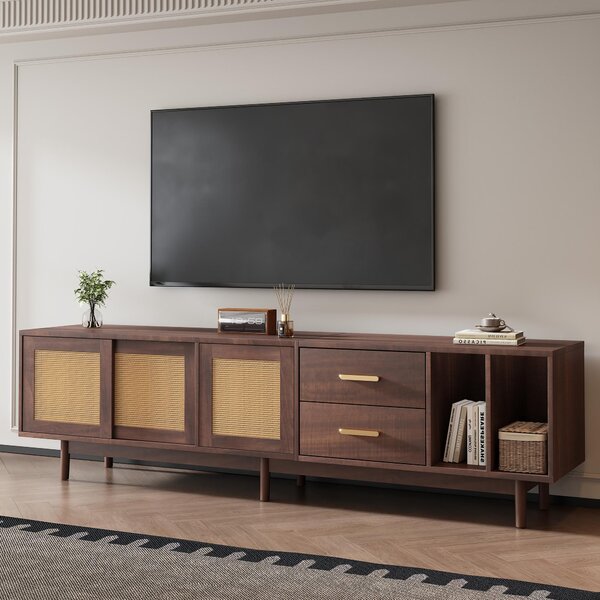 Stylish TV Stand Cabinet with Rattan Sliding Doors & 2 Drawers, Sturdy Media Console with Ample Storage, 190L x 40W x 52H cm, Wood Aosom UK