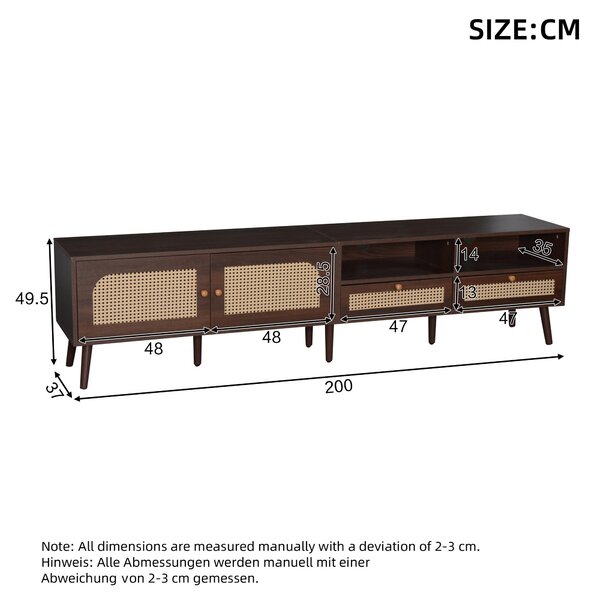 Modern TV Entertainment Centre with 2 Drawers & 2 Cabinets, Sturdy Media Cabinet for Living Rooms, 200L x 37W x 49.5H cm, Wood Aosom UK