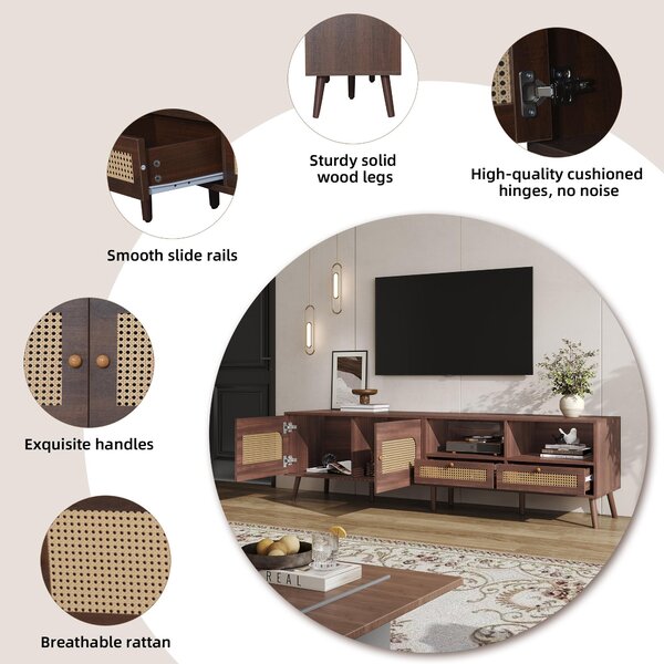 Modern TV Entertainment Centre with 2 Drawers & 2 Cabinets, Sturdy Media Cabinet for Living Rooms, 200L x 37W x 49.5H cm, Wood Aosom UK