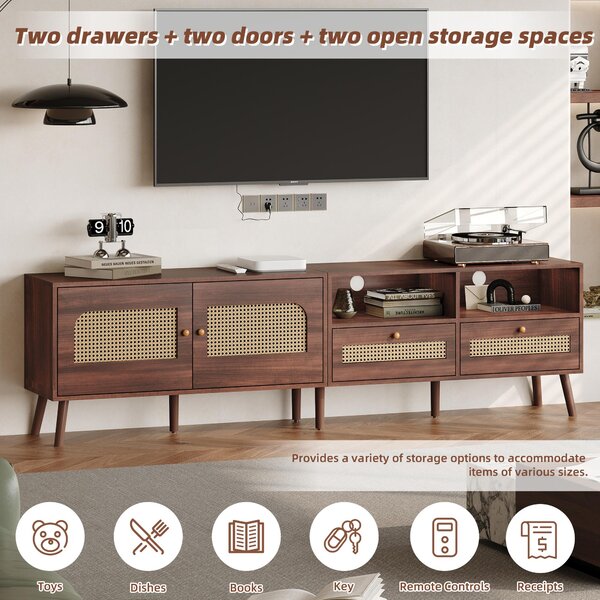 Modern TV Entertainment Centre with 2 Drawers & 2 Cabinets, Sturdy Media Cabinet for Living Rooms, 200L x 37W x 49.5H cm, Wood Aosom UK