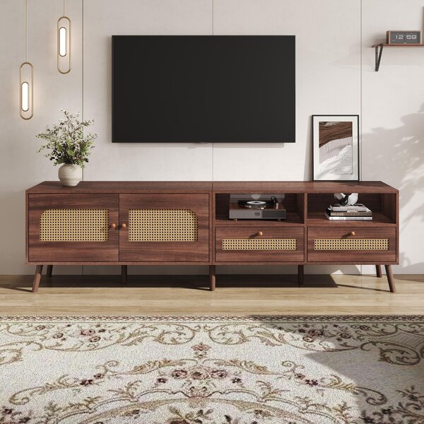 Modern TV Entertainment Centre with 2 Drawers & 2 Cabinets, Sturdy Media Cabinet for Living Rooms, 200L x 37W x 49.5H cm, Wood Aosom UK