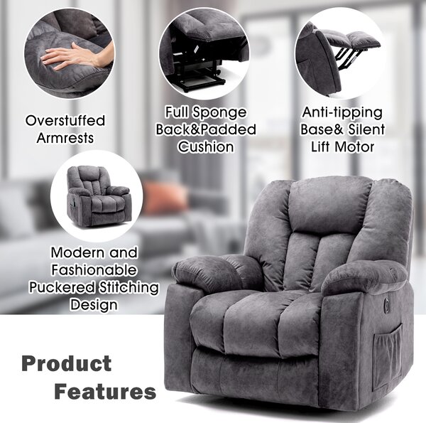 Power Lift Electric Recliner Chair with Heat and Vibration, Lounger Chair with USB Ports and Side Pockets, for Elderly, 100x95x105 cm, Grey Aosom.UK