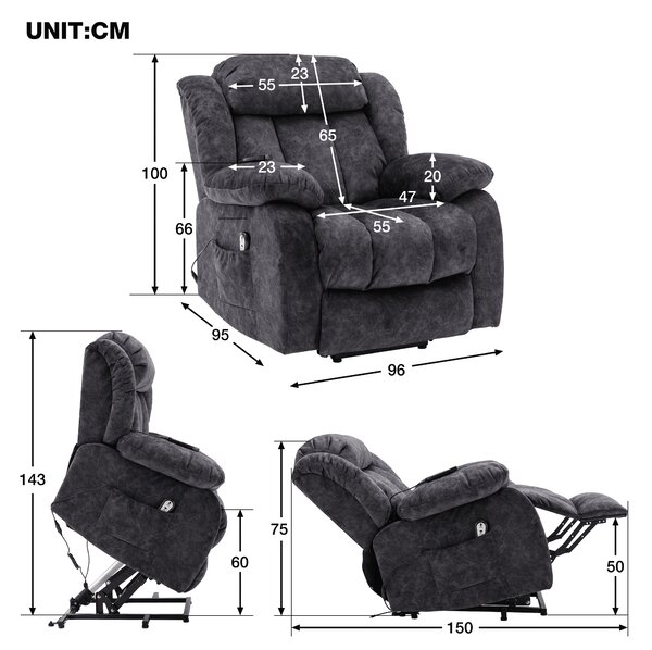 Power Lift Recliner Massage Chair with Heat and Vibration, Heavy Duty Safety Motion for Elderly, Easy Assembly, 96x95x100 cm, Grey Aosom UK