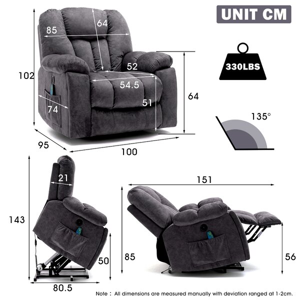 Power Lift Electric Recliner Chair with Heat and Vibration, Lounger Chair with USB Ports and Side Pockets, for Elderly, 100x95x105 cm, Grey Aosom.UK
