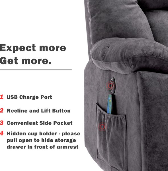 Power Lift Electric Recliner Chair with Heat and Vibration, Lounger Chair with USB Ports and Side Pockets, for Elderly, 100x95x105 cm, Grey Aosom.UK